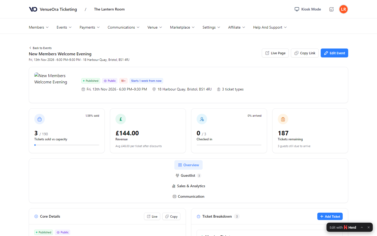 An event page with a header showing the event date, venue and ticket types, four stat cards for tickets sold against capacity, revenue, guests checked in and tickets remaining, and tabs for overview, guestlist, sales and communication.