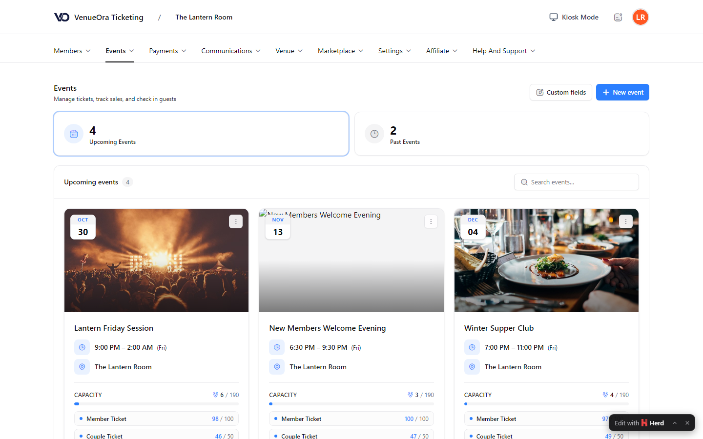 An events page with upcoming and past event counts above a row of event cards, each with a poster, start time, location, a capacity bar and sold counts per ticket type.