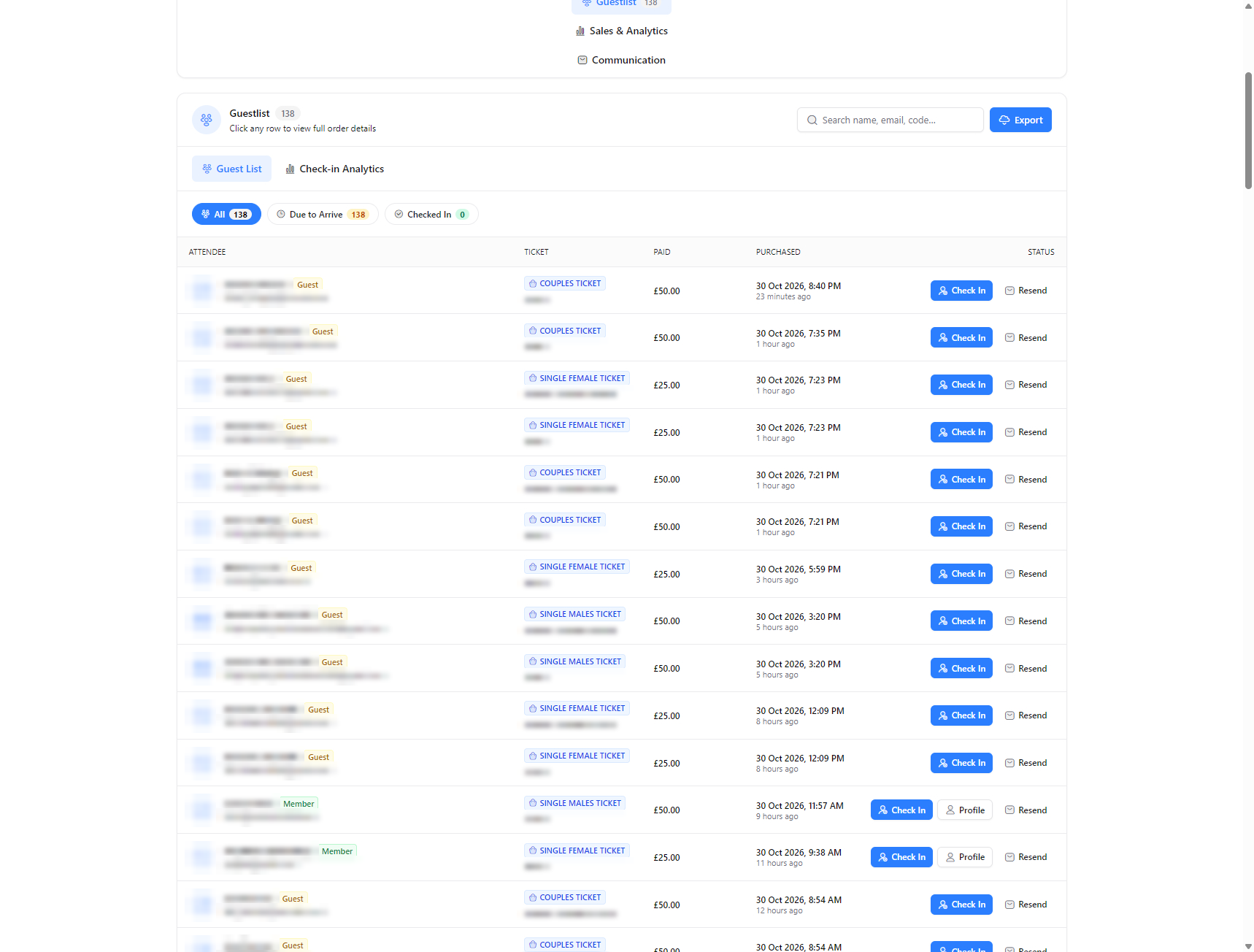 An event guestlist table with attendee, ticket, paid, purchased and status columns, filter tabs for all, due to arrive and checked in, and a check-in button and resend link on every row. Names and contact details are blurred.