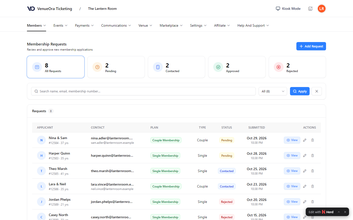 A membership requests page with stat cards for all, pending, contacted, approved and rejected requests above a search and status filter and a table of applicants with plan, type, status and submitted date columns.