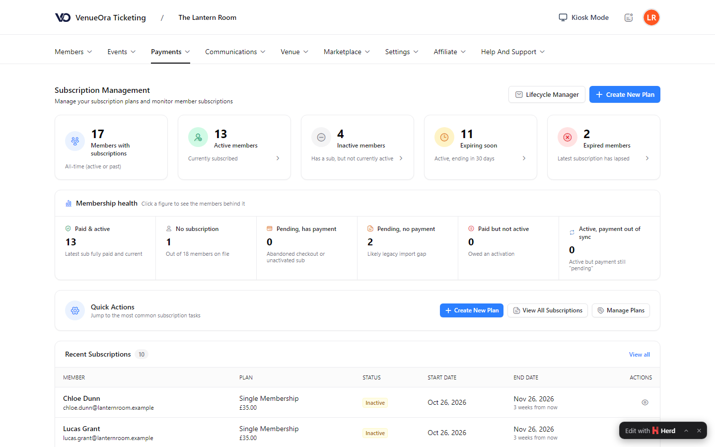 A subscription management page with a row of stat cards, a membership health panel, quick action buttons and a recent subscriptions table with plan, status, start date and end date columns.