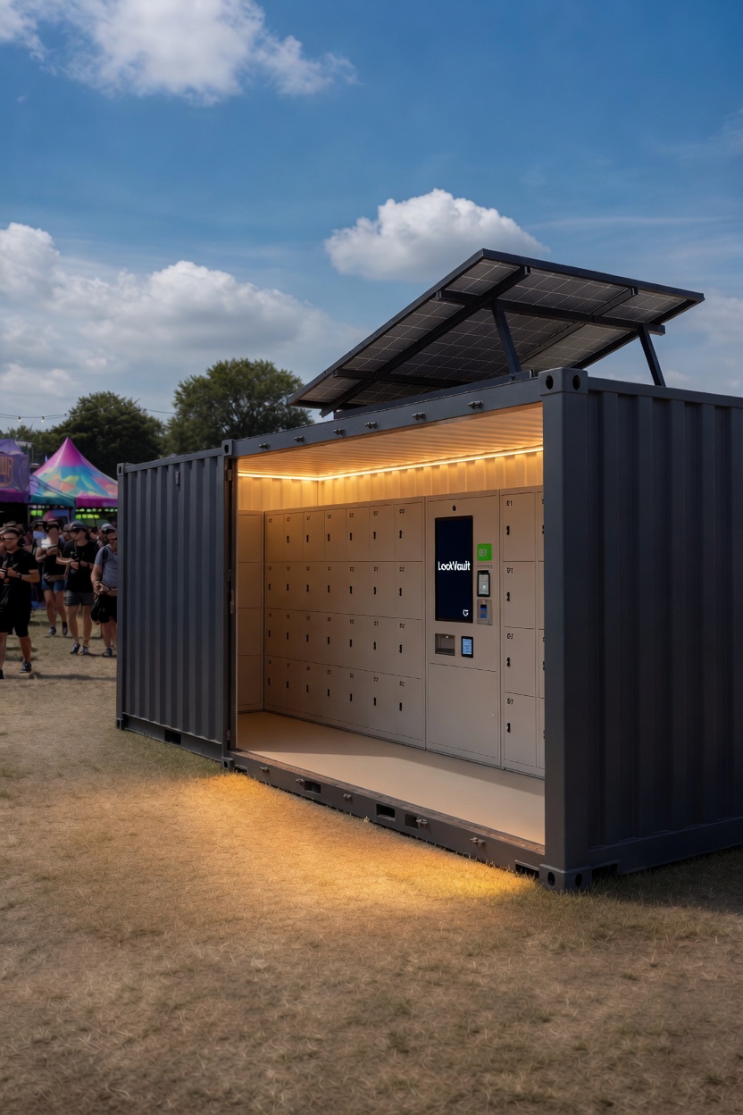 LockVault smart locker container open at dusk — warm interior lighting spilling onto the grass, rows of lockers visible inside, branded kiosk glowing, festival crowd in the background